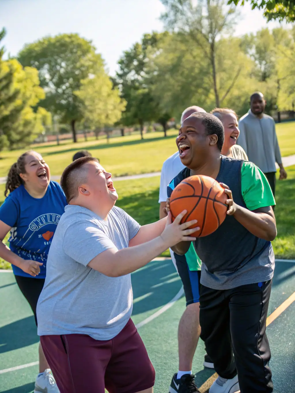 A team of adults with autism are playing a nature-based game, laughing and interacting with each other, demonstrating the social benefits of adapted sports.
