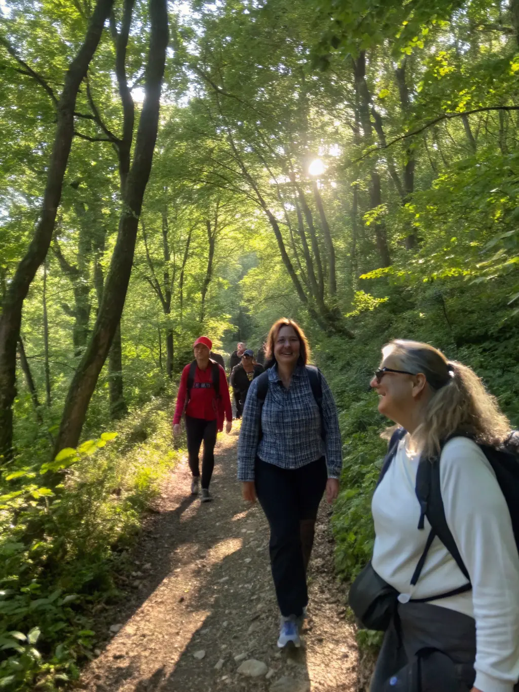 A group of adults with autism are hiking on a well-maintained trail, surrounded by trees and nature, with a facilitator leading the way, showcasing the physical activity and social interaction.