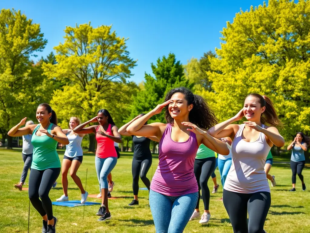 A photograph capturing a group of participants engaged in an outdoor fitness session, with modifications to suit individual needs and abilities. The setting is a sunny park, and the atmosphere is energetic and encouraging.