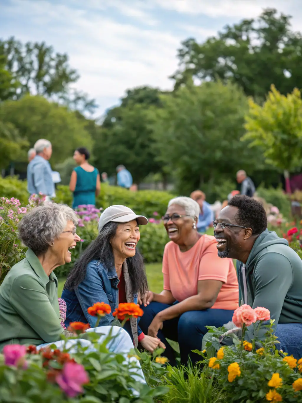 A photograph of participants and volunteers laughing together after a sports activity, illustrating the community spirit and positive relationships.