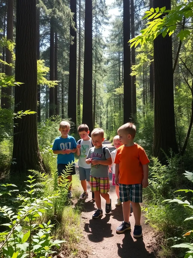A photograph of a group of adults with autism happily participating in a guided hiking activity in a forest setting, showcasing the physical activity and connection with nature.