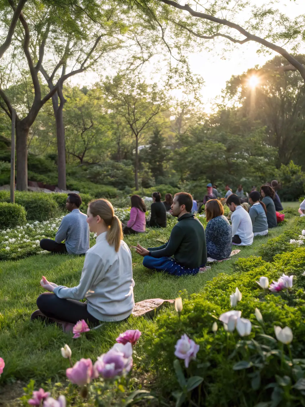 Adults with autism are participating in a guided meditation session outdoors, focusing on mindfulness and relaxation techniques, with a serene natural backdrop.