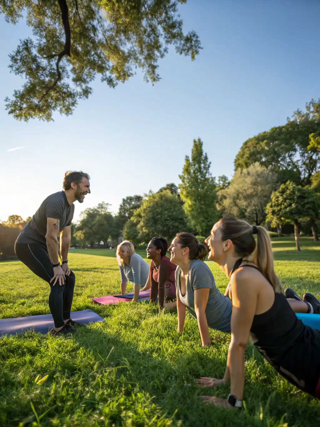 Adults with autism are engaged in a team-based outdoor fitness session, performing exercises with the guidance of a HESTIA SPORT ADAPTE trainer. The atmosphere is encouraging and inclusive.