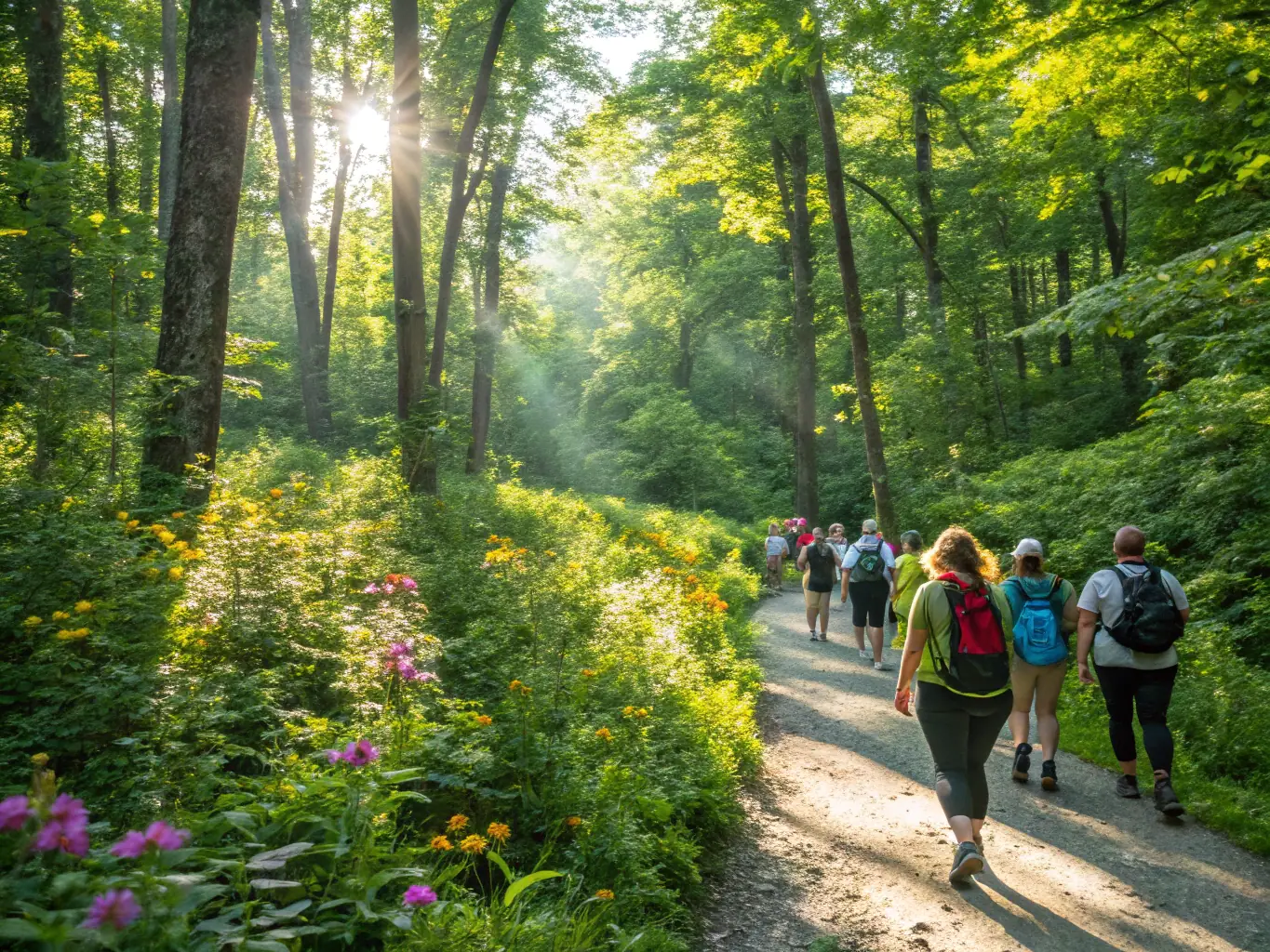 A group of adults with autism enjoying a guided hike through a scenic forest, led by supportive instructors. The image should convey a sense of adventure, camaraderie, and connection with nature.