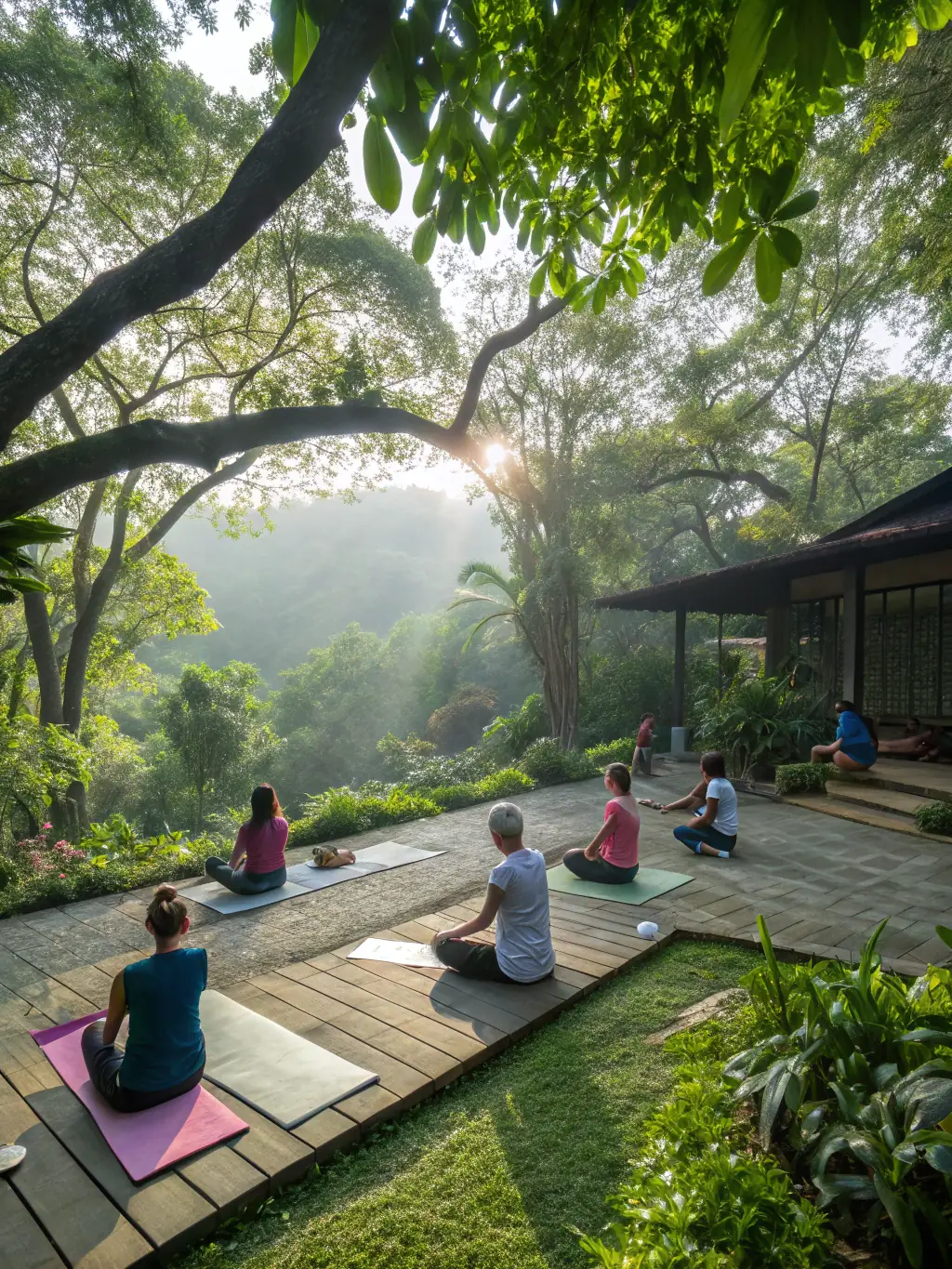 Participants are shown enjoying a relaxing outdoor yoga session, led by a certified instructor experienced in working with individuals with autism. The setting is peaceful and serene.